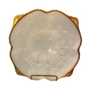 Vintage Anchor Hocking White Milk Glass Bowl Grapes & Leaves Gold Rim 1950’s